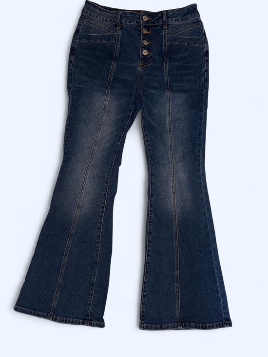 Denim - Dark Wash Flared Women's Jeans - High Rise Button Fly